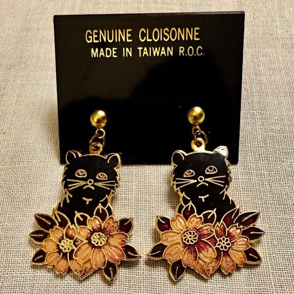 VTG Cloisonne Enamel Black Cat & Flower Dangle Drop Earrings Multicolor
